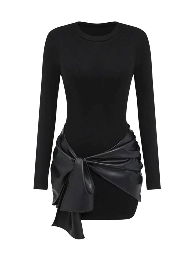 1980s Faux Leather Bow Long Sleeve Dress - vintage dress, retro fashion