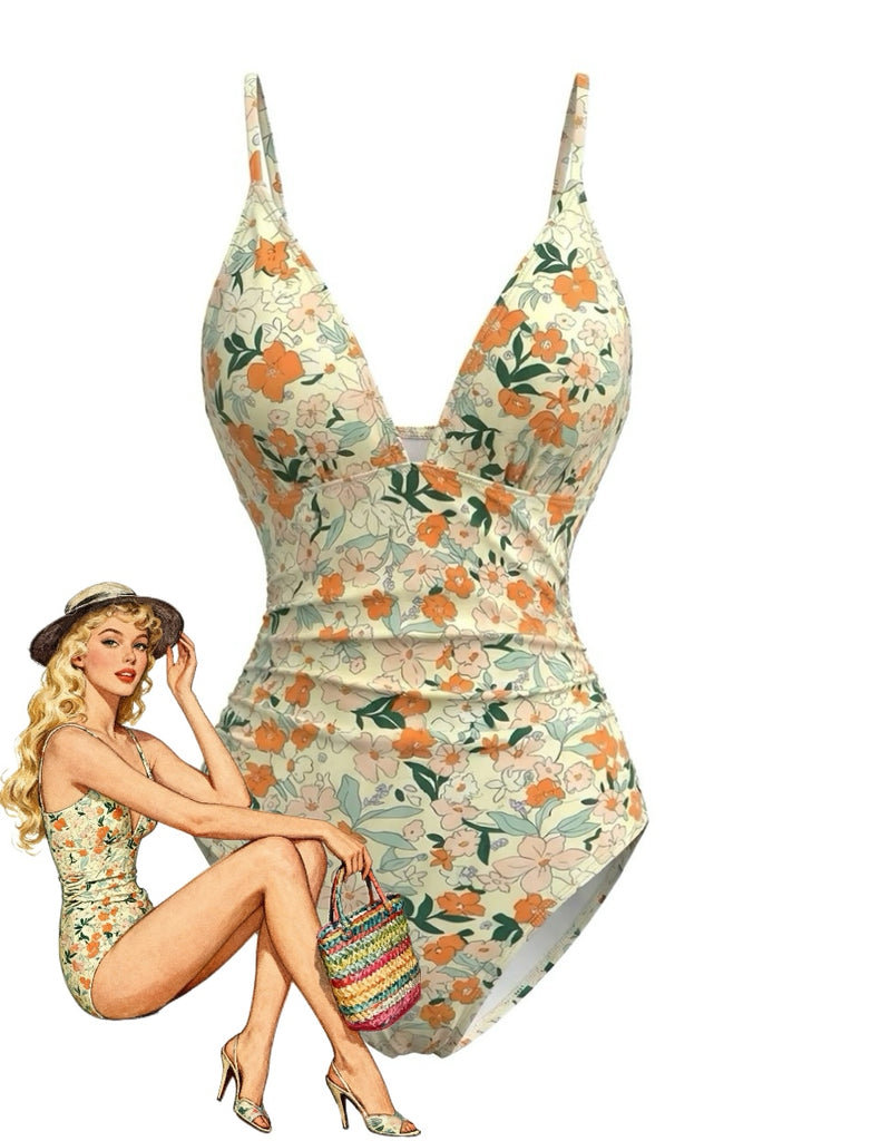 1980s Floral V-Neck Ruched One-Piece Swimsuit - vintage swimwear, retro swimsuit, pin-up style for vintage lovers