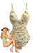 1980s Floral V-Neck Ruched One-Piece Swimsuit - vintage swimwear, retro swimsuit, pin-up style for vintage lovers