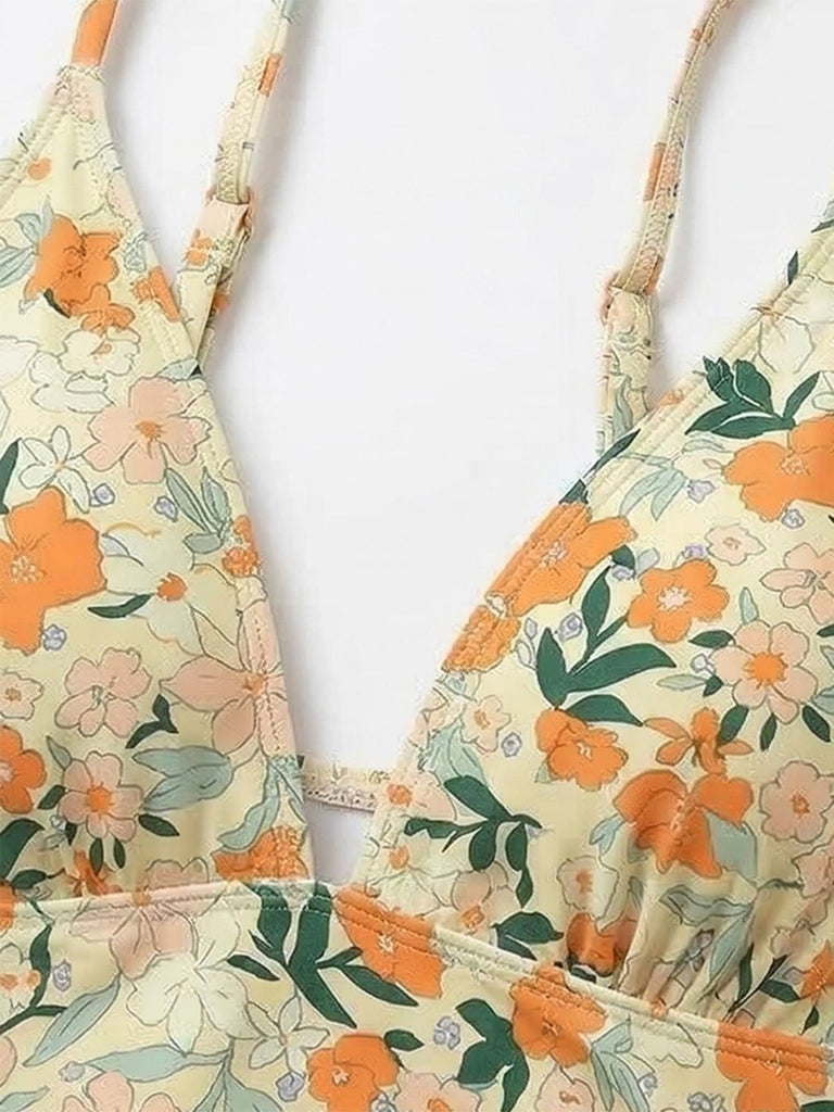 1980s Floral V-Neck Ruched One-Piece Swimsuit - vintage swimwear, retro swimsuit, pin-up style for vintage lovers