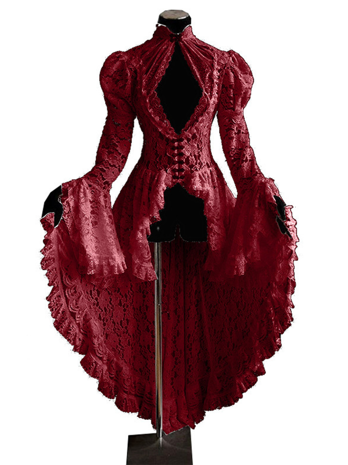 Victorian Vampire Lace Gigot Sleeve High Low Hem Long Dress Red