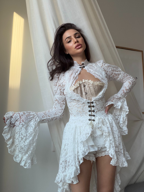 White 1980s Gigot Sleeve Victorian Lace Dress | Retro Stage