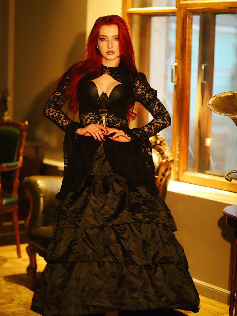 Black 1980s Gigot Sleeve Victorian Lace Dress