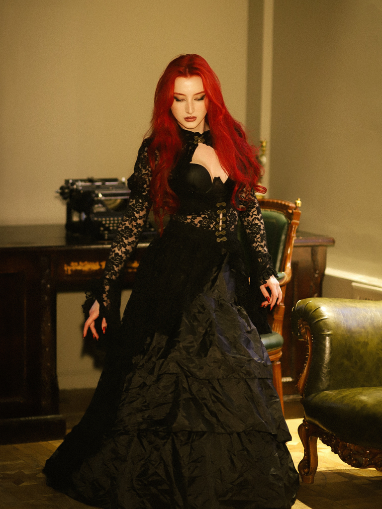 Black 1980s Gigot Sleeve Victorian Lace Dress