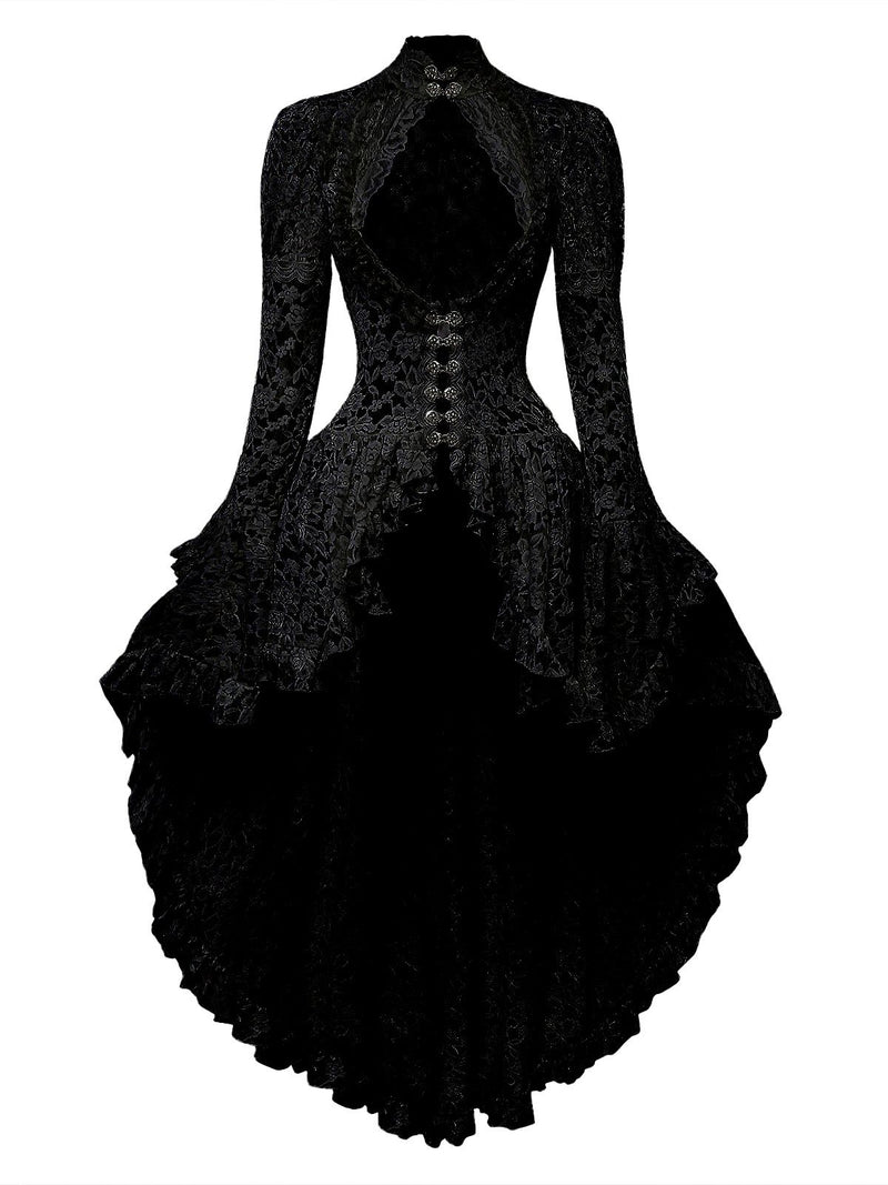 Halloween Witch Dress Gothic Lace High Low Victorian Dress with Flare Sleeve for Women