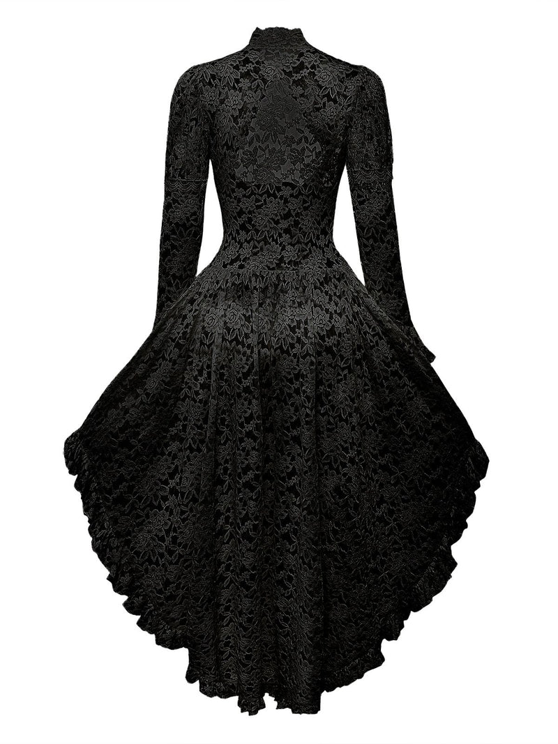 Halloween Witch Dress Gothic Lace High Low Victorian Dress with Flare Sleeve for Women