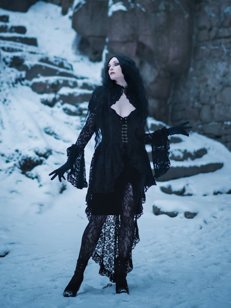 Black 1980s Gigot Sleeve Victorian Lace Dress