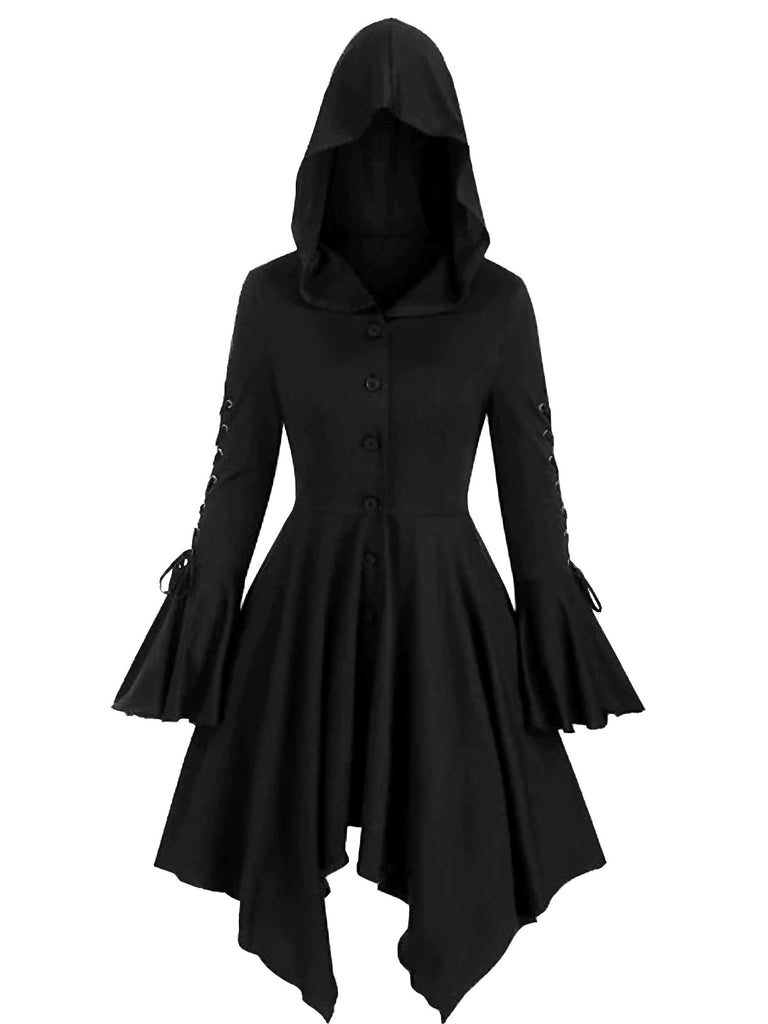 1980s Gothic Hooded Punk Long Jacket - vintage fashion, retro style