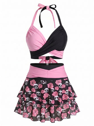 [Pre-Sale] Black & Pink 1980s Gothic Skull Rose Halter Skirt Swimsuit
