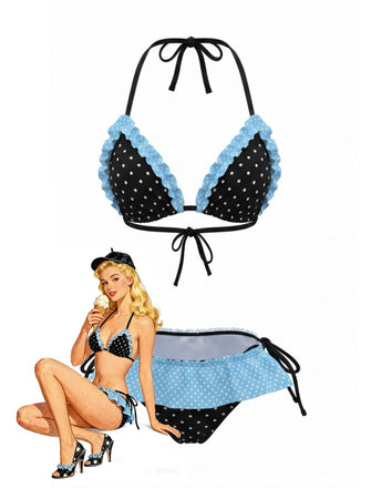 1980s-Halter-Contrast-Polka-Dot-Ruffle-Trim-Bikini-Set, vintage, retro, swimwear