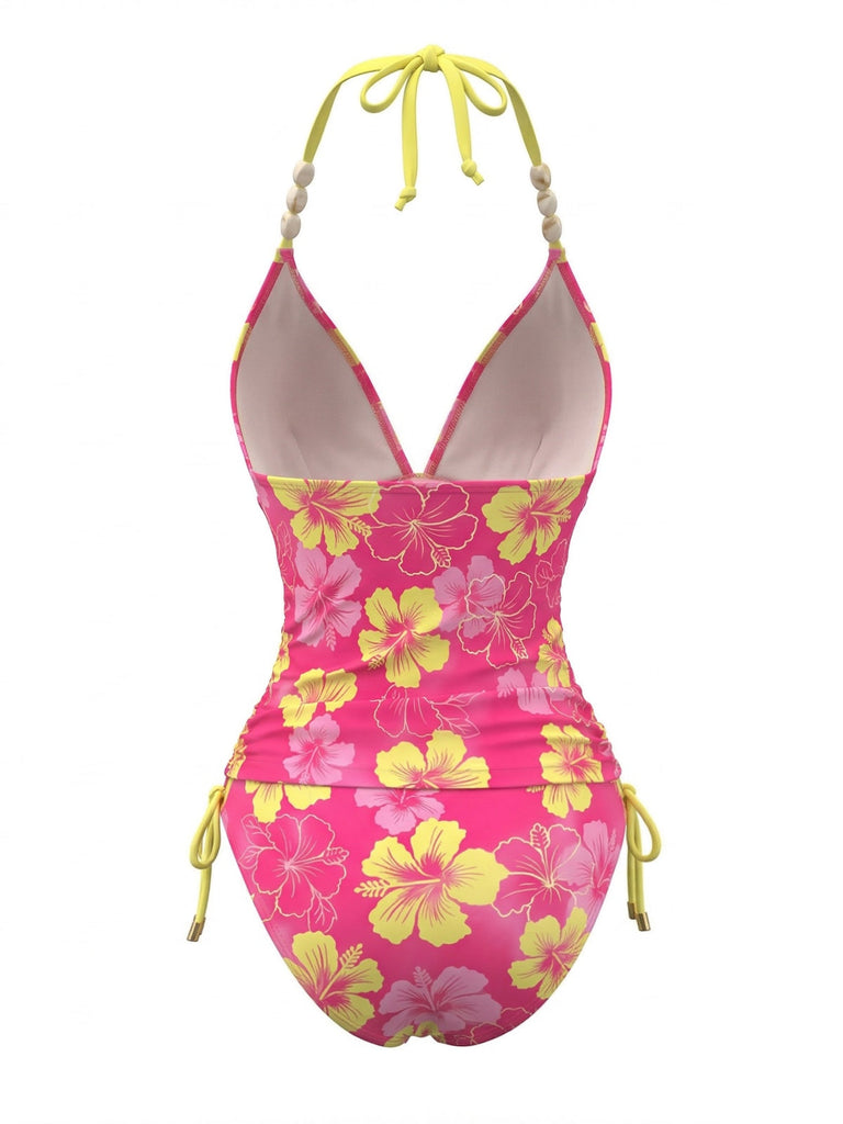 1980s Halter Floral Beaded Straps Bikini Set - vintage fashion, retro style