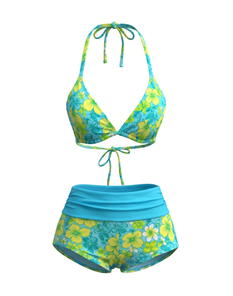 1980s Halter Floral Boy Short Bikini Set - vintage swimsuit, pin-up swimwear for vintage lovers