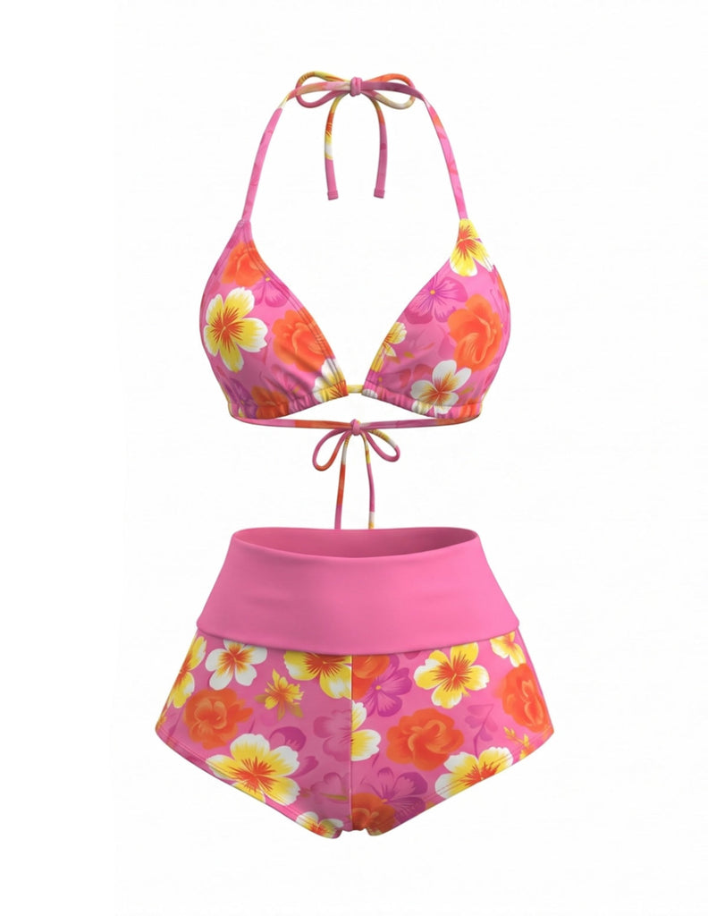 1980s Halter Floral Boy Short Bikini Set - vintage swimsuit, pin-up swimwear for vintage lovers