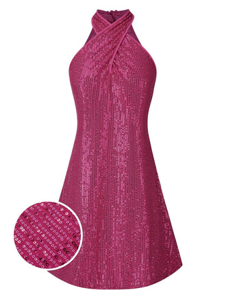 She slips into this 1980s Halter Off-Shoulder Sequined Dress and suddenly it's a 1980s daydream