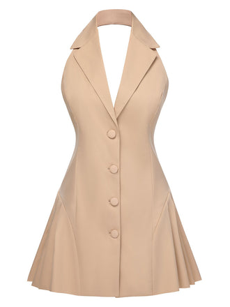 She slips into this 1980s Halter V-Neck Backless Sleeveless Solid Dress and suddenly it's a 1980s daydream