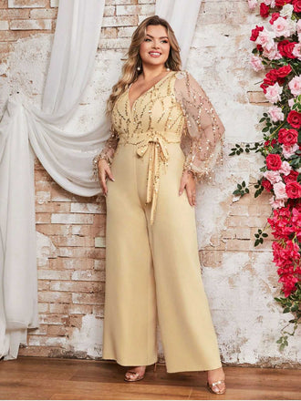 Light Yellow 1980s Sequined Tassel Mesh Bow Jumpsuit - vintage jumpsuit, retro fashion