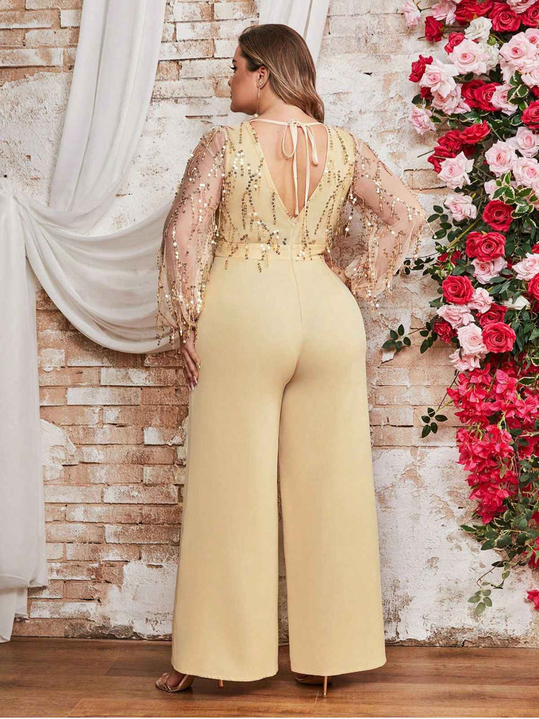 Light Yellow 1980s Sequined Tassel Mesh Bow Jumpsuit - vintage jumpsuit, retro fashion