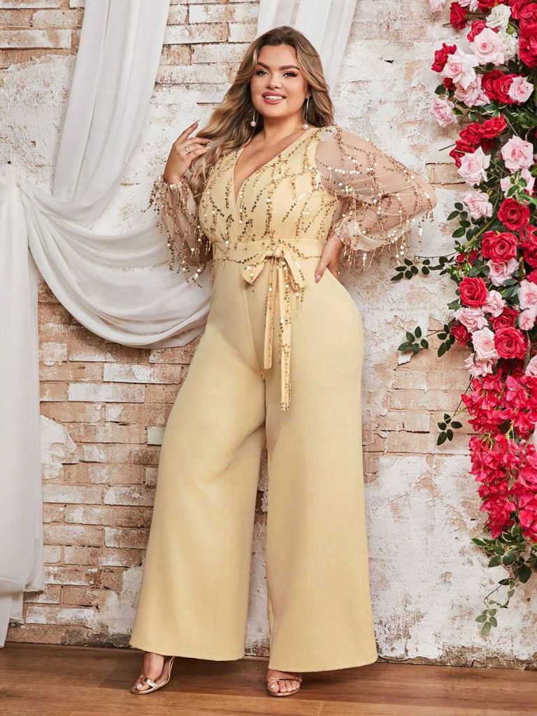 Light Yellow 1980s Sequined Tassel Mesh Bow Jumpsuit - vintage jumpsuit, retro fashion
