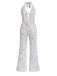 Metallic 1980s Leopard Halter Deep-V Backless Jumpsuit - vintage jumpsuit, retro fashion
