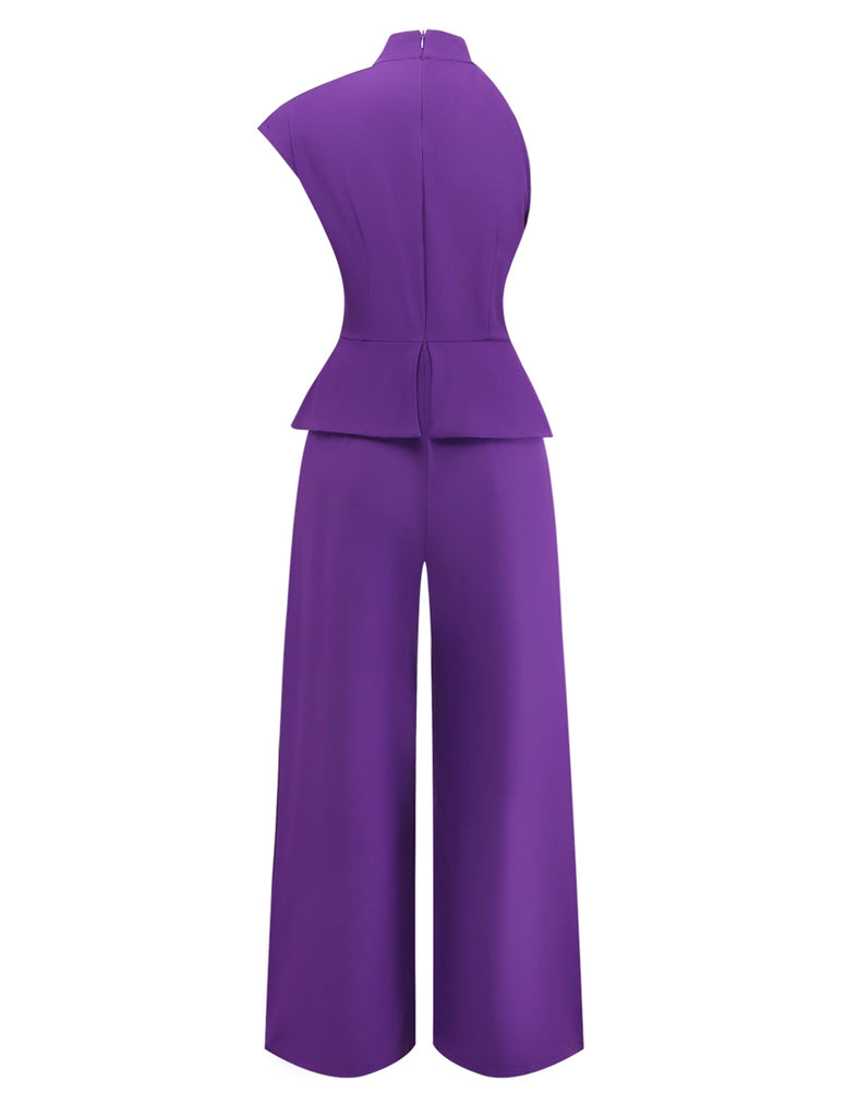 Purple 1980s Solid Irregular Sleeve Fitted Jumpsuit - vintage jumpsuit, retro fashion