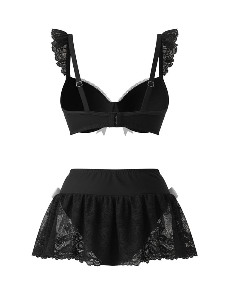 1980s Lace Bow Maid Costume Loungewear Set - vintage fashion, retro style