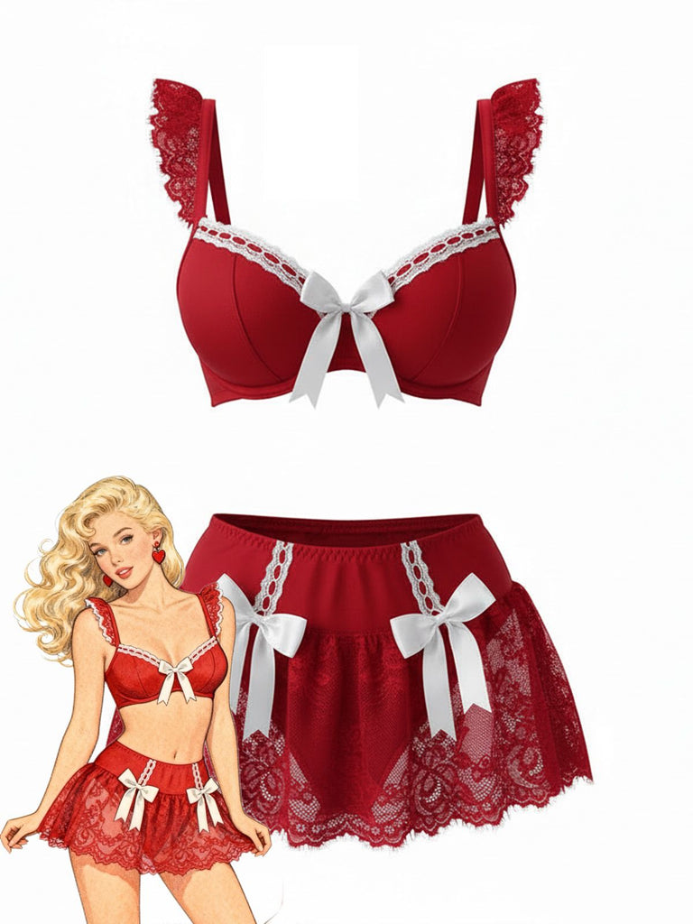 1980s Lace Bow Maid Costume Loungewear Set - vintage fashion, retro style