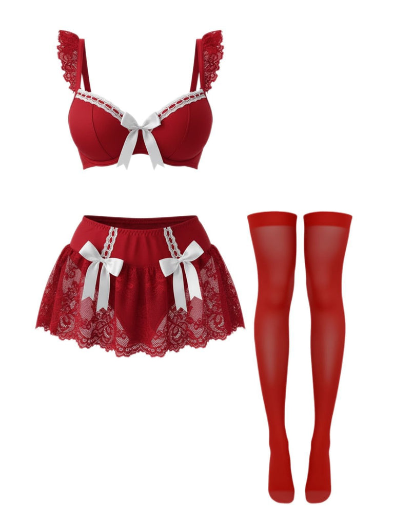 1980s Lace Bow Maid Costume Loungewear Set - vintage fashion, retro style