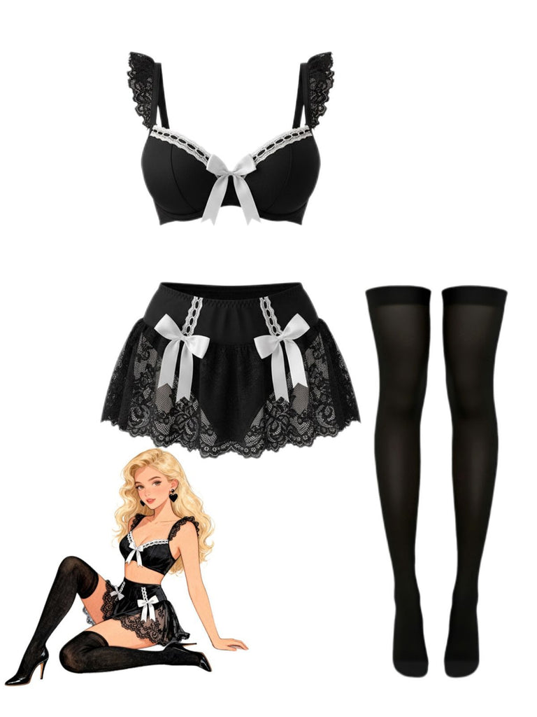 1980s Lace Bow Maid Costume Loungewear Set - vintage fashion, retro style