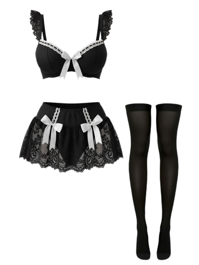 1980s Lace Bow Maid Costume Loungewear Set - vintage fashion, retro style