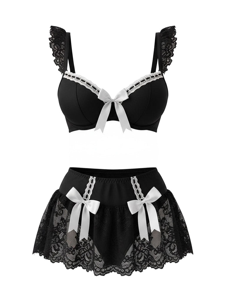 1980s Lace Bow Maid Costume Loungewear Set - vintage fashion, retro style