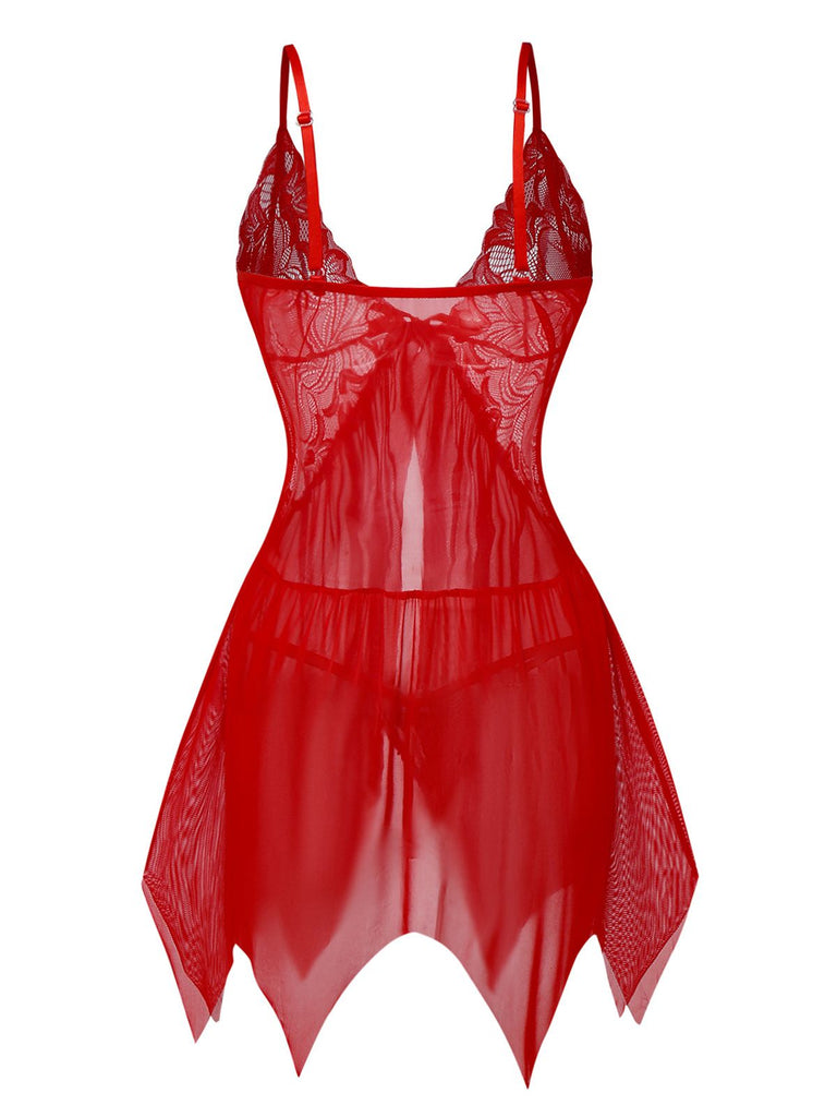 red lingerie dress 1980s Lace Satin Ribbon Babydoll Lingerie Set