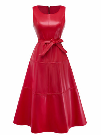 1980s Leather Solid A-Line Sleeveless Dress - vintage dress, retro fashion