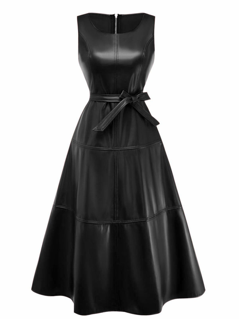 1980s Leather Solid A-Line Sleeveless Dress - vintage dress, retro fashion