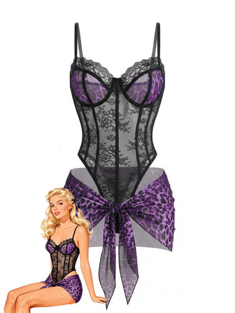 1980s Leopard Lace Bodysuit with Apron Lingerie Set - vintage fashion, retro style