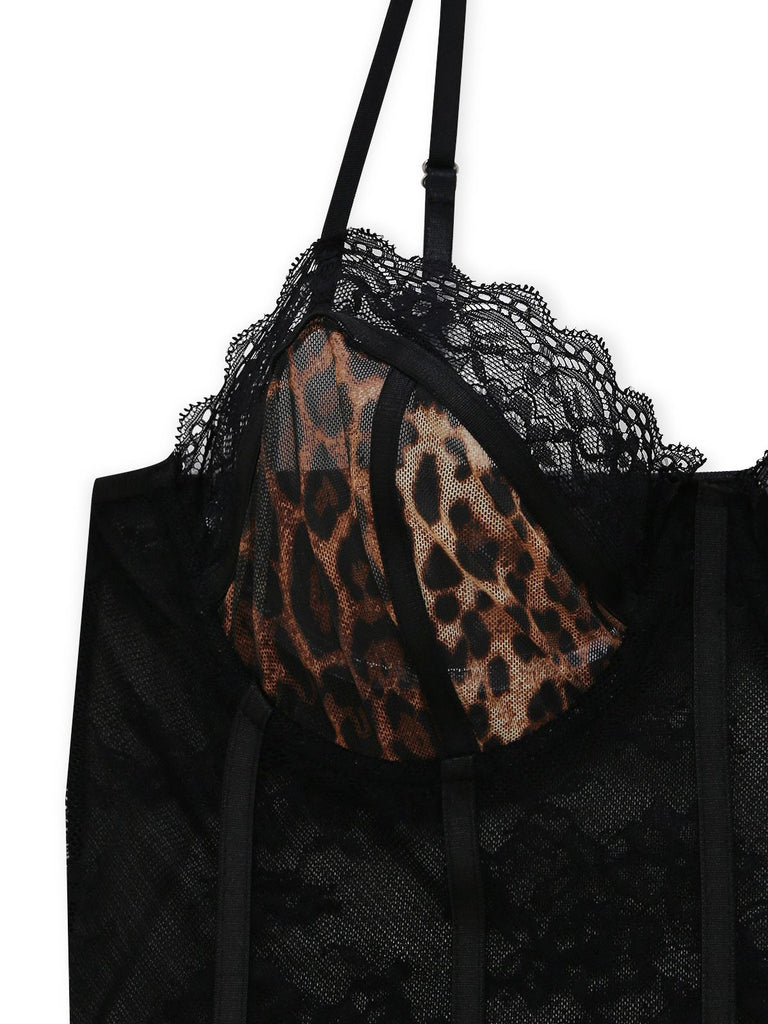 1980s Leopard Lace Bodysuit with Apron Lingerie Set: beautiful vintage lingerie, retro nightgown, elegant sleepwear with timeless appeal