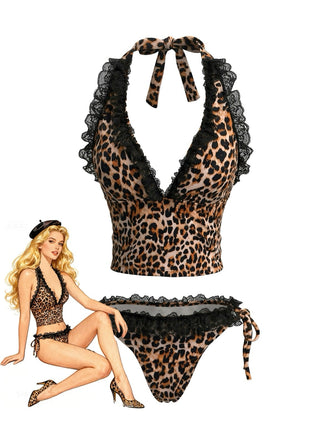 Brown 1980s Leopard Print Lace Trim Halter Tie Bikini Set - vintage swimsuit, pin-up swimwear for vintage lovers