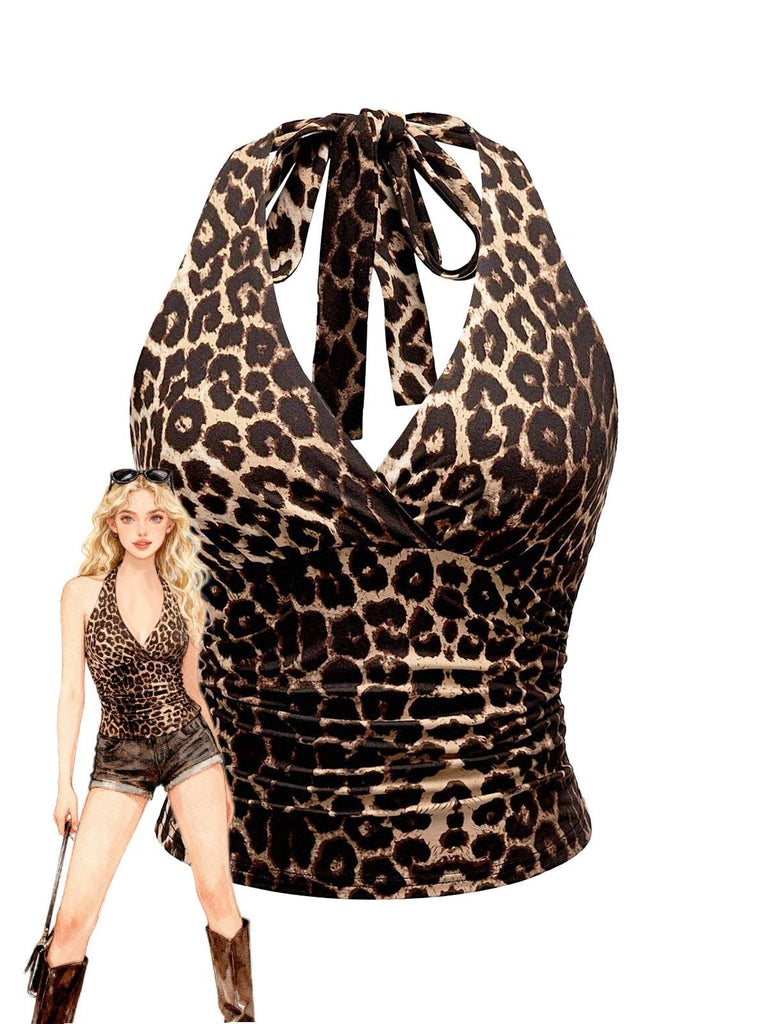 1980s Leopard Print Halter Neck Wrap Top - vintage fashion, retro style