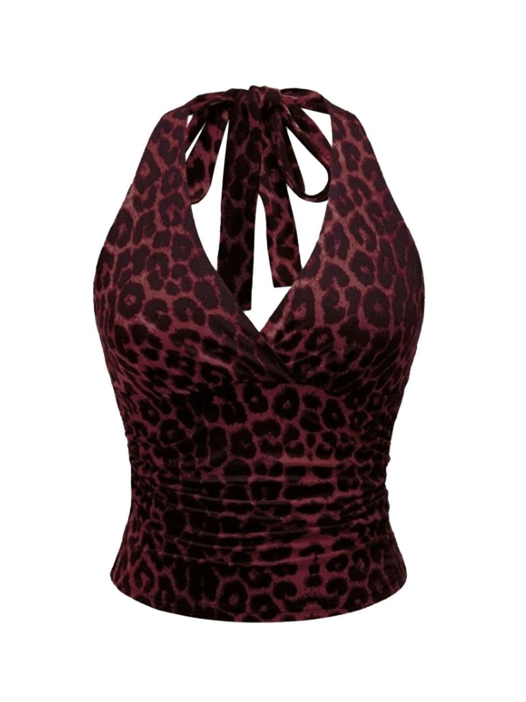 1980s Leopard Print Halter Neck Wrap Top - vintage fashion, retro style