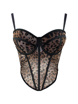 1980s Leopard Print Spaghetti Strap Herringbone Corset - vintage fashion, retro style