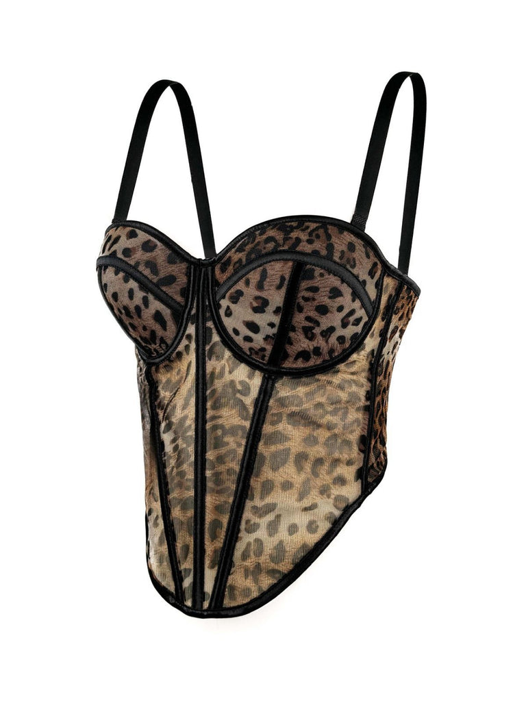 1980s Leopard Print Spaghetti Strap Herringbone Corset - vintage fashion, retro style