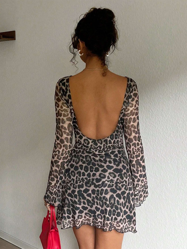 1980s Leopard Sheer Long-Sleeve Backless Dress - vintage dress, retro fashion
