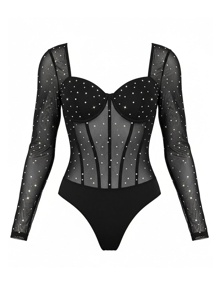 1980s Mesh Sheer Glitter Boned Long Sleeve Bodysuit - vintage fashion, retro style