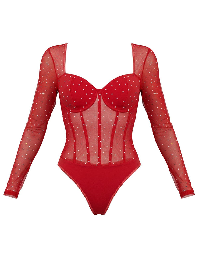 1980s Mesh Sheer Glitter Boned Long Sleeve Bodysuit - vintage fashion, retro style