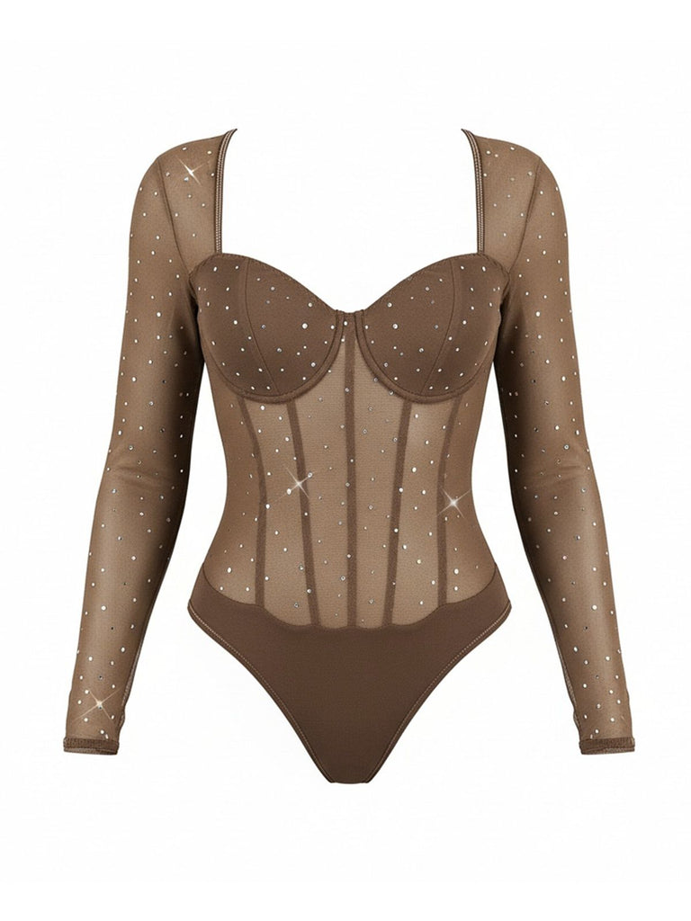 1980s Mesh Sheer Glitter Boned Long Sleeve Bodysuit - vintage fashion, retro style