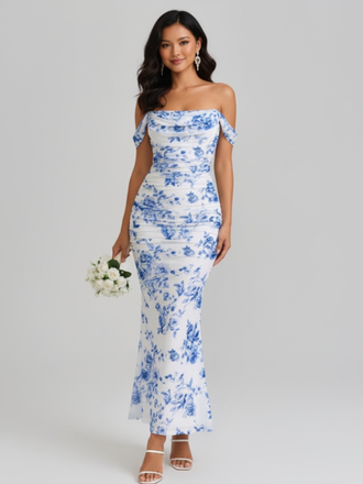 1980s Off-Shoulder Floral Mesh Bodycon Ruched Dress - vintage dress, retro fashion