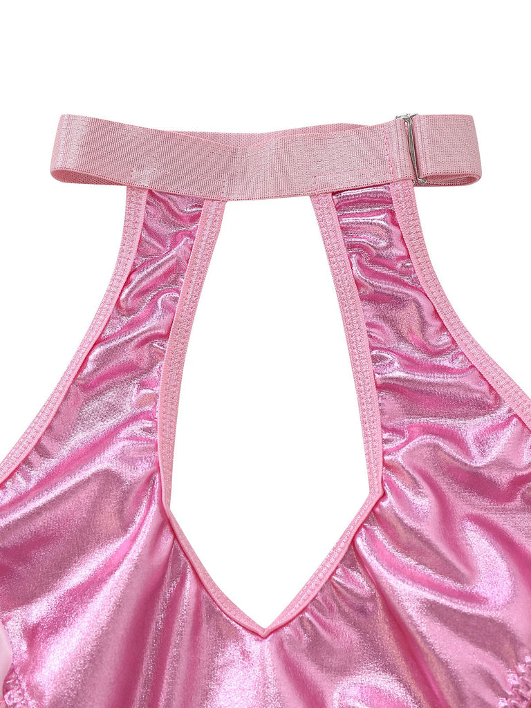 1980s Patent Leather Halter Lace-Up Bodysuit Lingerie Set - vintage fashion, retro style
