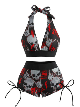 1980s Punk Halter Rock Skull Bikini Set - vintage swimsuit, pin-up swimwear for vintage lovers