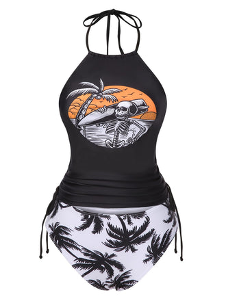 1980s Punk Halter Skeleton Beach Print Bikini Set - vintage fashion, retro style
