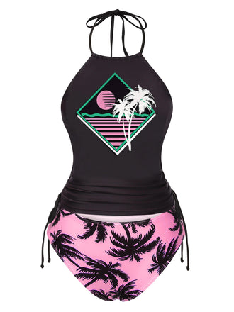 Black 1980s Punk Halter Skeleton Beach Print Bikini Set