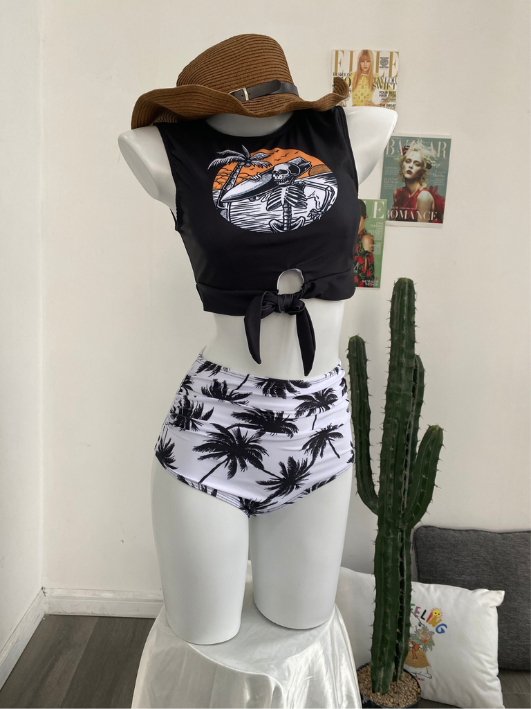 1980s Punk Waist Tie Skeleton Beach Print Bikini Set, classic vintage style summer beach collection - Image 3